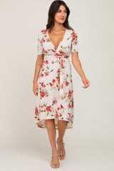 Cream Floral Draped Hi-Low Maternity Dress