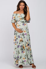 Sage Floral Off Shoulder Maternity Maxi Dress