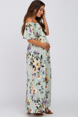 Sage Floral Off Shoulder Maternity Maxi Dress