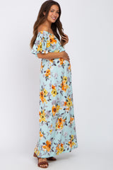 Light Blue Floral Off Shoulder Maternity Maxi Dress