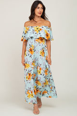 Light Blue Floral Off Shoulder Maternity Maxi Dress