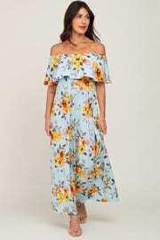 Light Blue Floral Off Shoulder Maxi Dress