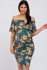 Green Floral Fitted Maternity Off Shoulder Dress