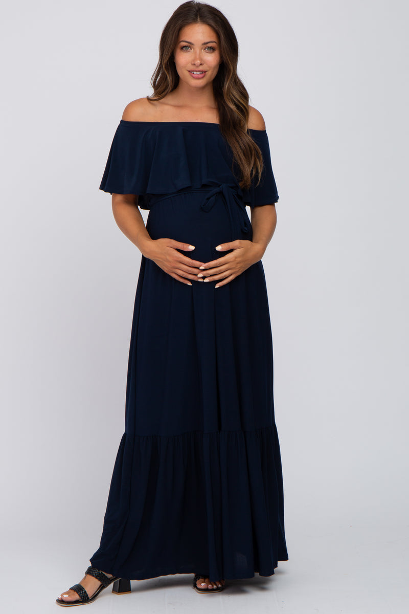 Navy Blue Off Shoulder Maternity Maxi Dress– PinkBlush