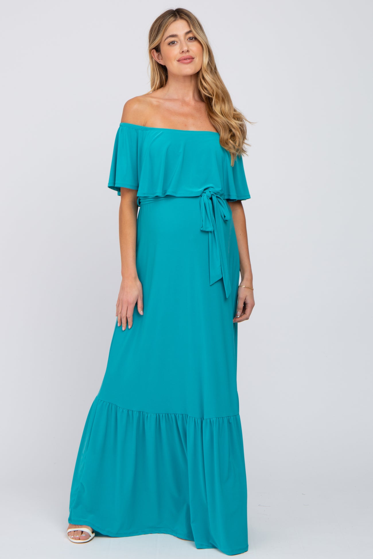 Turquoise Off Shoulder Maternity Maxi Dress Pinkblush 