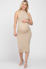 Mocha Ribbed Halter Cutout Back Maternity Midi Dress