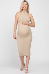 Mocha Ribbed Halter Cutout Back Maternity Midi Dress