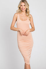 Peach Sleeveless Ruched Fitted Dress