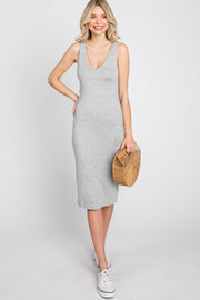 Heather Grey Fitted V-Neckline Midi Dress