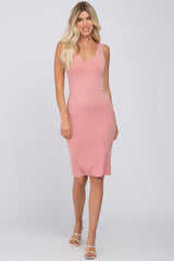 Light Pink Fitted V-Neckline Midi Dress