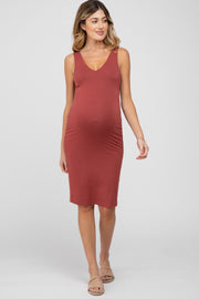 Rust Fitted V-Neckline Maternity Midi Dress