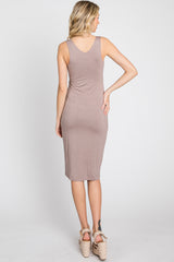 Beige Fitted V-Neckline Midi Dress