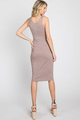 Beige Fitted V-Neckline Midi Dress