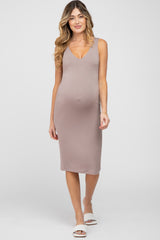 Beige Fitted V-Neckline Maternity Midi Dress