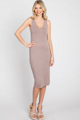 Beige Fitted V-Neckline Midi Dress