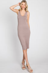 Beige Fitted V-Neckline Midi Dress