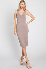 Beige Fitted V-Neckline Midi Dress