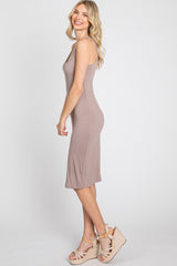 Beige Fitted V-Neckline Midi Dress