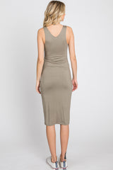 Olive Fitted V-Neckline Midi Dress