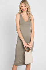 Olive Fitted V-Neckline Midi Dress