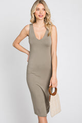 Olive Fitted V-Neckline Midi Dress