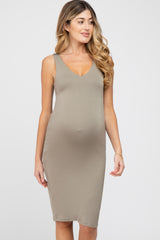 Olive Fitted V-Neckline Maternity Midi Dress