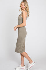 Olive Fitted V-Neckline Midi Dress