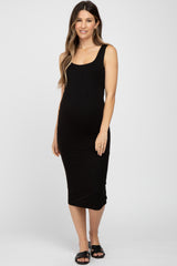 Black Fitted Scoop Neck Maternity Midi Dress