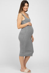 Heather Grey Fitted Scoop Neck Maternity Midi Dress