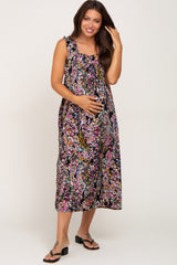 Black Watercolor Floral Square Neck Maternity Midi Dress