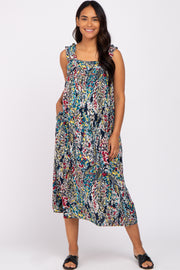 Navy Blue Watercolor Floral Square Neck Maternity Midi Dress