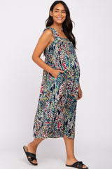 Navy Blue Watercolor Floral Square Neck Maternity Midi Dress