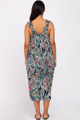 Navy Blue Watercolor Floral Square Neck Maternity Midi Dress