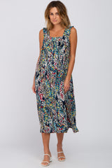 Navy Blue Watercolor Floral Square Neck Maternity Midi Dress