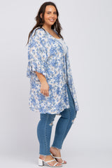 Blue Floral Ruffle Sleeve Plus Cover Up