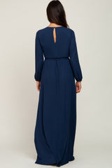 Navy Wrap Front Chiffon Gown