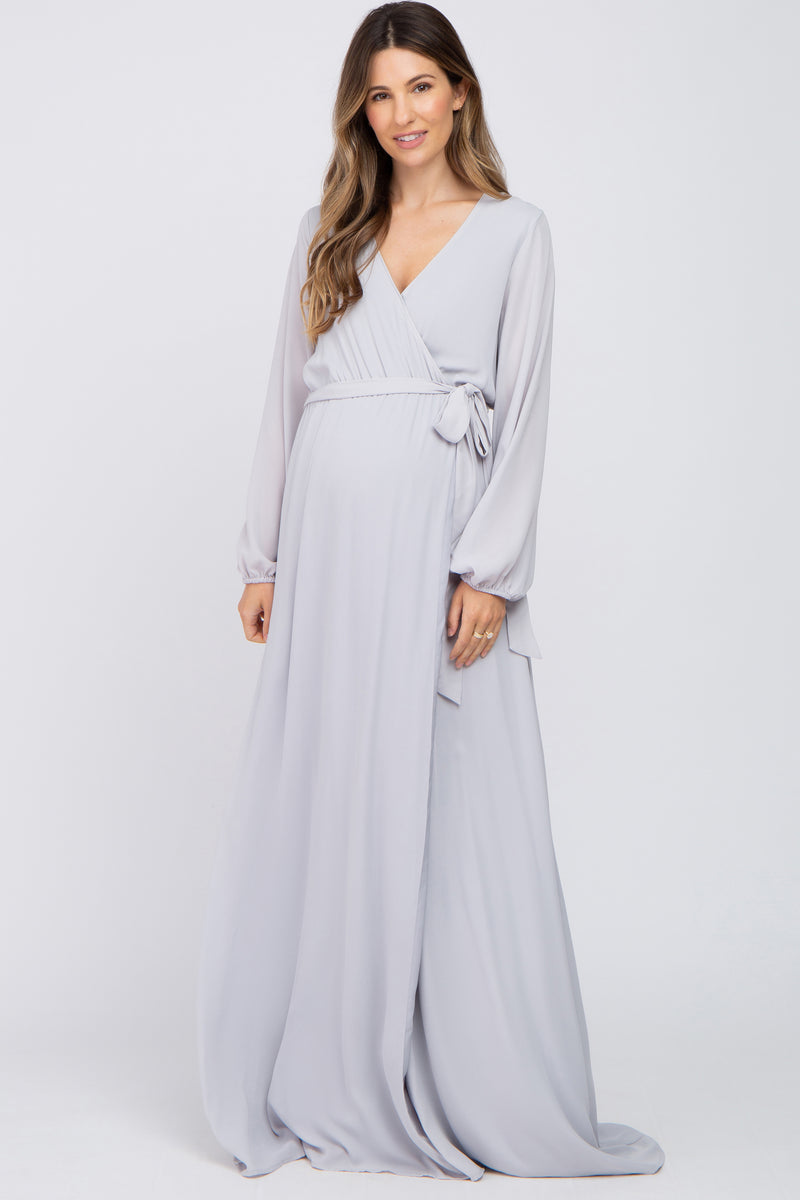 Light Grey Wrap Front Chiffon Maternity Gown – PinkBlush