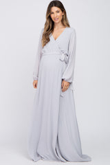 Light Grey Wrap Front Chiffon Maternity Gown