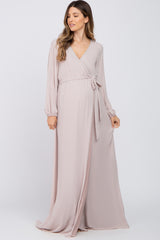 Light Taupe Wrap Front Chiffon Maternity Gown