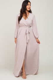 Light Taupe Wrap Front Chiffon Gown