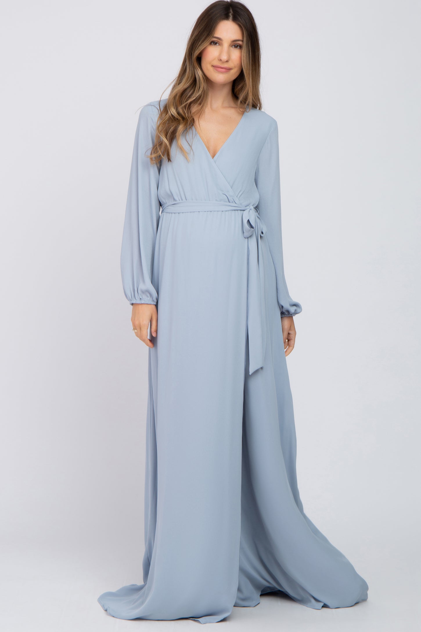 Light Blue Wrap Front Chiffon Maternity Gown – PinkBlush