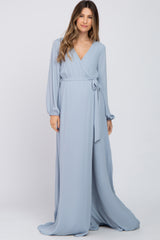 Light Blue Wrap Front Chiffon Maternity Gown