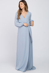 Light Blue Wrap Front Chiffon Maternity Gown