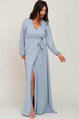 Light Blue Wrap Front Chiffon Maternity Gown