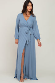 Blue Wrap Front Chiffon Gown