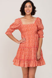 Orange Floral Square Neck Ruffle Tiered Dress