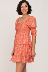 Orange Floral Square Neck Ruffle Tiered Dress