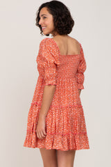 Orange Floral Square Neck Ruffle Tiered Dress