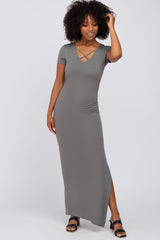 Olive Cross Front Ruched Maxi Dress