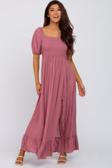 Mauve Swiss Dot Square Neck Smocked Maxi Dress